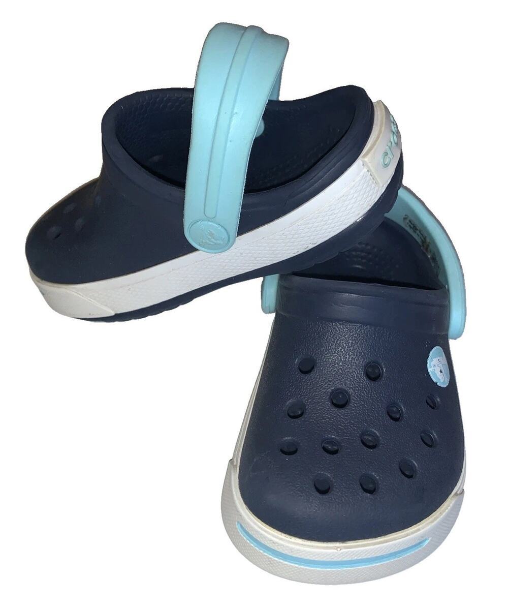 Crocs Crocband Toddler 4C5 Navy Blue Aqua White Clogs Shoes